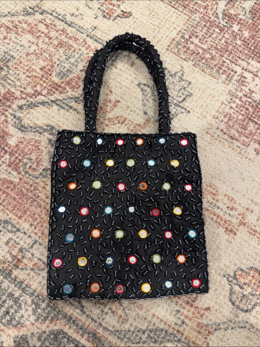 Vintage Handmade Multicolored Beaded Black Mini Handbag